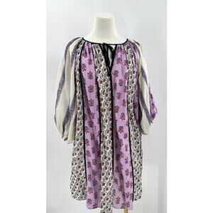 Rhode Purple Sita Block Print Mini Dress Violet Patchwork Kaftan Smock